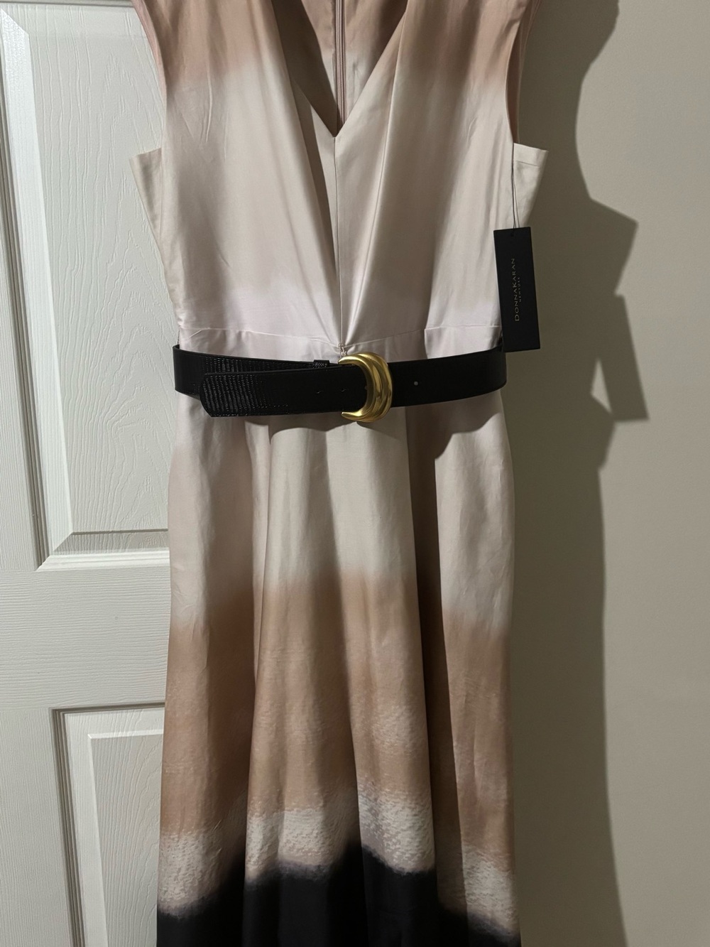 Donna Karan Sleeveless V-Neck Ombre Dress in Cream, Tan and Black